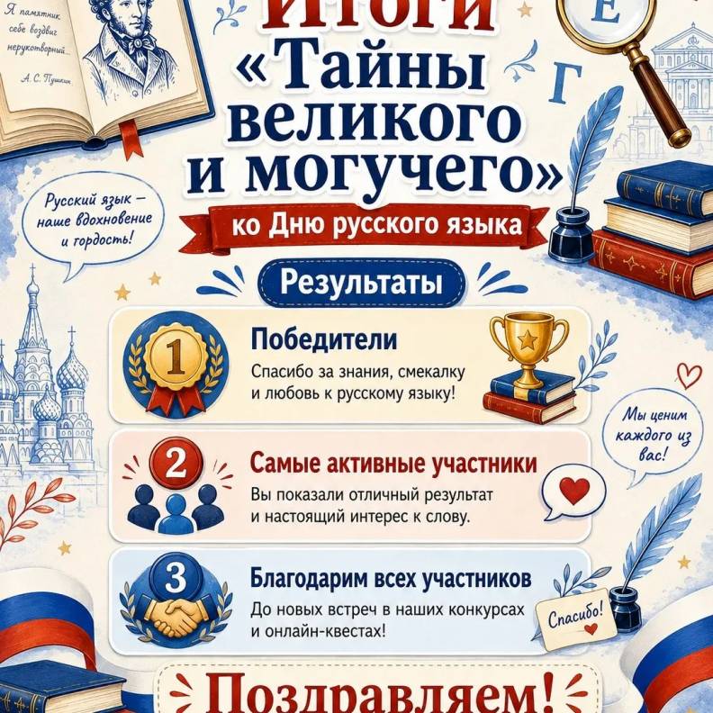 🧩 Итоги онлайн-квеста «Тайны великого и могучего»!